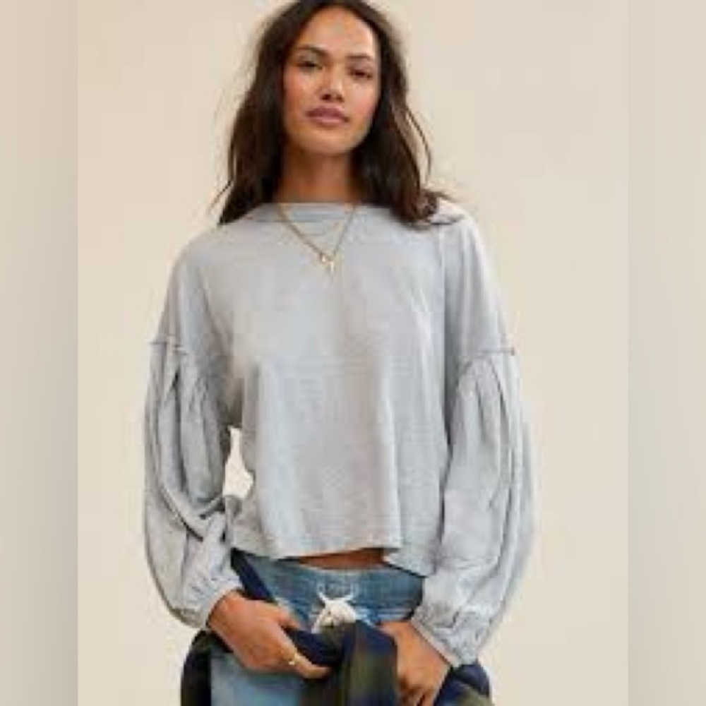 Aerie Slouchy Balloon Sleeve Heather Gray Crew Neck Top size L NWOT